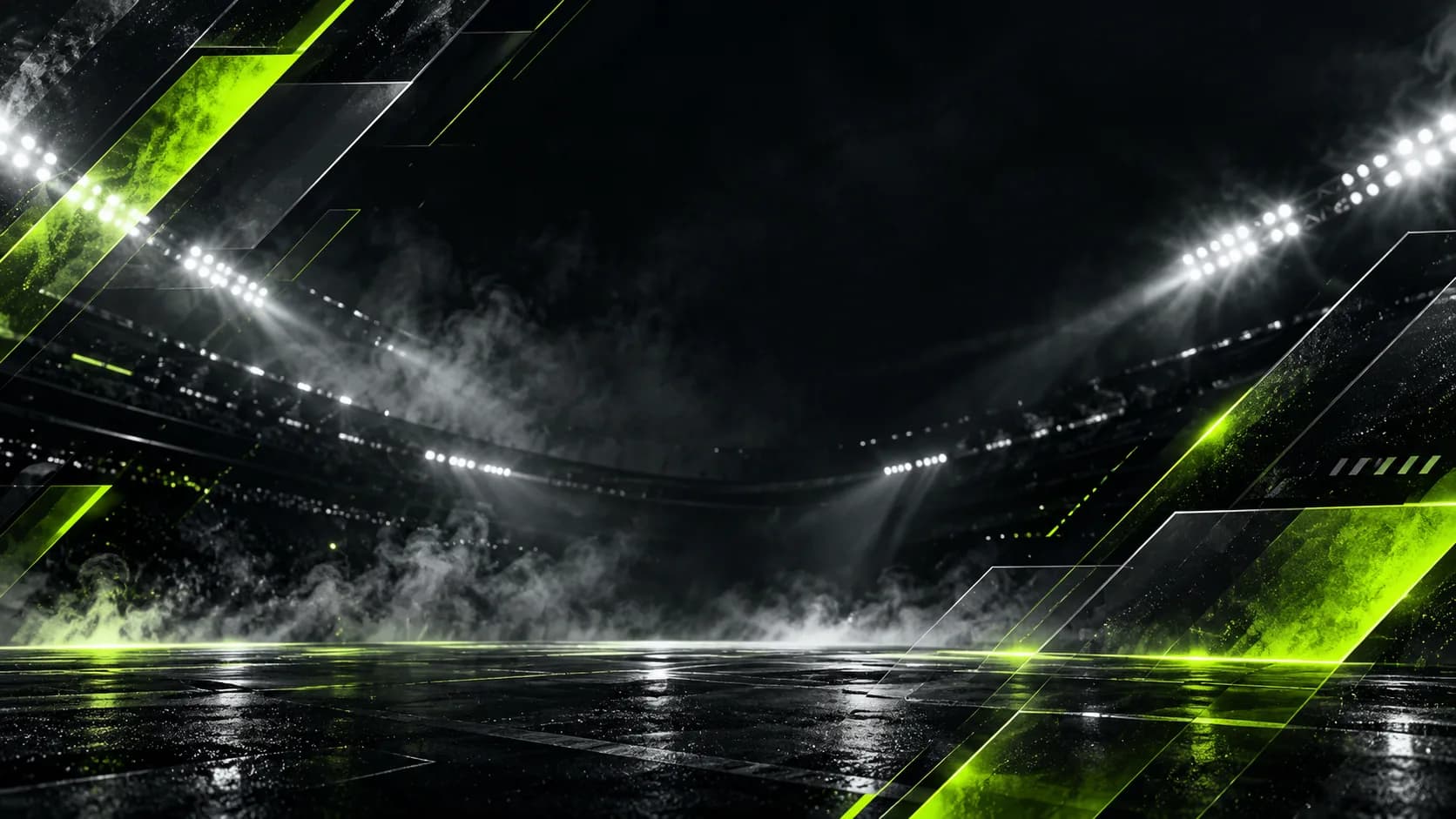 A floodlit night stadium with neon green angular panels in the Contender style.