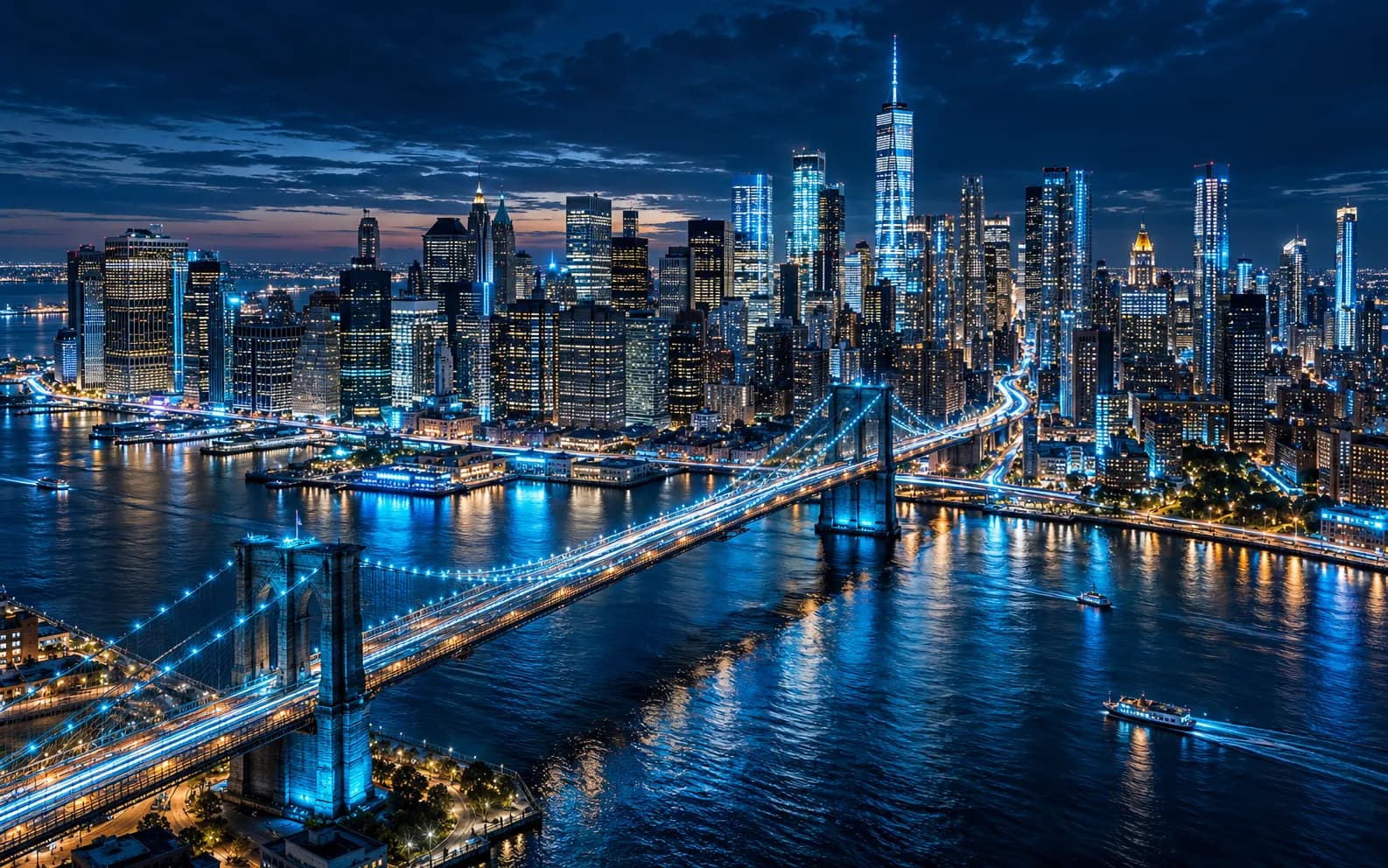Lower Manhattan and the Brooklyn Bridge at night, lit in electric blue.