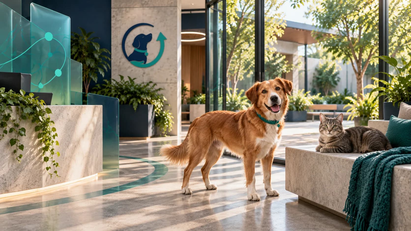 Dog beside a seated cat in a sunlit setting with the SecondChance symbol and abstract teal data graphics.